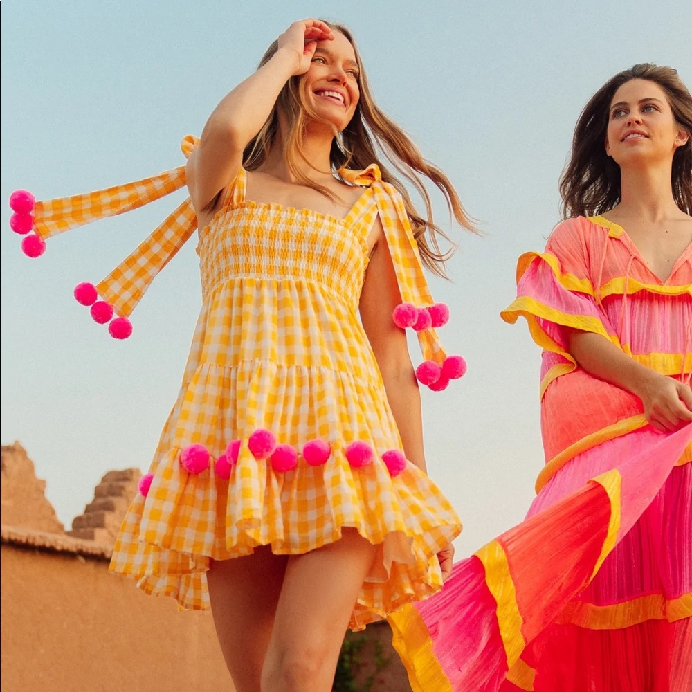 ✨ Sundress “PIPPA” Gingham Mini – Yellow, Pink & Pompoms ✨M/L